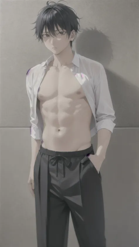 satoru gojo, cabelo branco, olhos azuis, sem camisa, Black pants, sapato, corpo todo olhando para o espectador, fundo 4k.