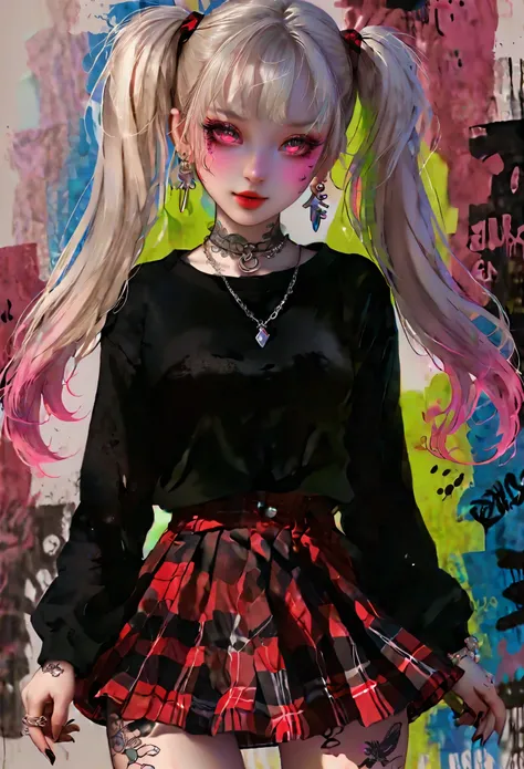 an anime lady in an art style with bleached hair and lipstick, 1girl, solo, jewelry, skirt, twintails, long hair, earrings, bangs, necklace, simple background, plaid skirt, looking at viewer, White hair, long cute eyelashes, bowing her head, emo clothes, d...