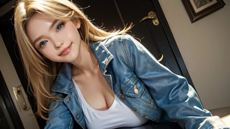 ChristiaAOT, 1girl, solo, maria ozawa, smile, hair between eyes, blue eyes, blonde hair, jacket, medium hair,