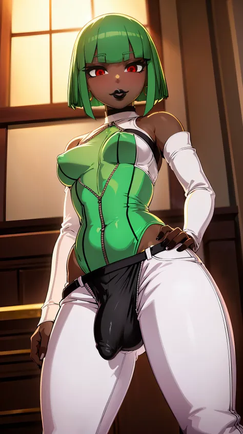 (solo:1.1),(masterpiece), (best quality:1.3), highly detailed, intricate, professional art, digital art, absurdres, confidant, emerald sustrai, futanari emerald sustrai wearing a white and green leotard  detached sleeves and pants confidently posing with h...