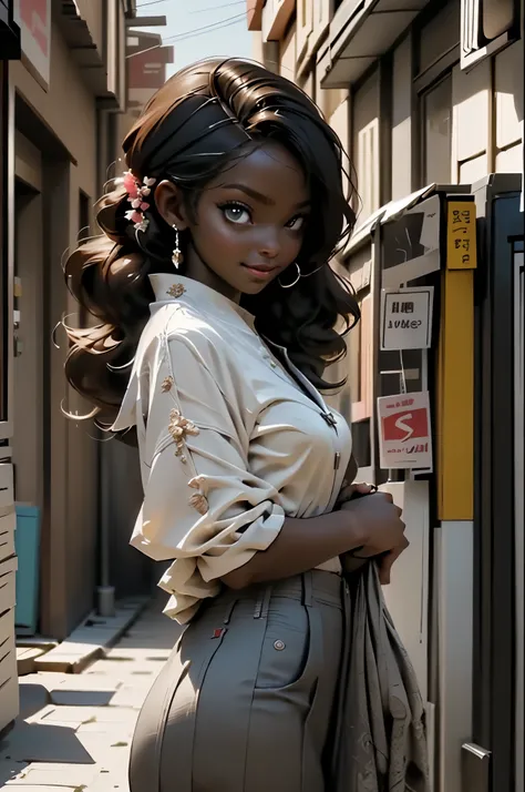 (photo from the front, dynamic and sensual pose), ((1 beautiful young African-American girl with dark and beautiful skin, black hair, anime style hairstyle, Animagine XL style clothes: 1.5)), dynamic pose shopping on a busy street, (Hyper detailed: 1.3), (...