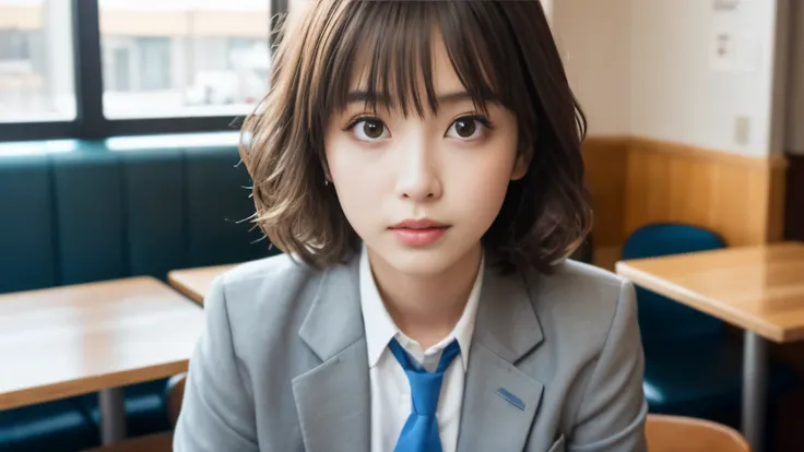 8K, highest quality, real image, intricate details, Super detailed, ultra high resolution, depth field,(realistic,realistic:1.2),table top , front shot , Photographed at a stylish cafe , girl, とても美しい17歳のgirl, innocent big eyes,、beautiful breasts:1.5、highly...