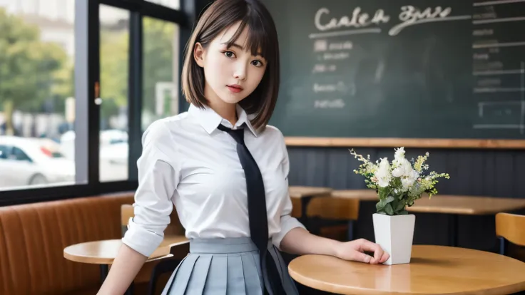 8K, highest quality, real image, intricate details, Super detailed, ultra high resolution, depth field,(realistic,realistic:1.2),table top , front shot , Photographed at a stylish cafe , girl, とても美しい17歳のgirl, innocent big eyes,、beautiful breasts:1.5、highly...