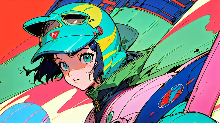 Anime character flying an airplane in a spacesuit, portrait anime space cadet girl, pilot girl, cute pilot girl, lofi-girl, akira art style, style of macross, akira style illustration, style of akira motion movie, mcross, akira vibes, inspired by Josan Gon...