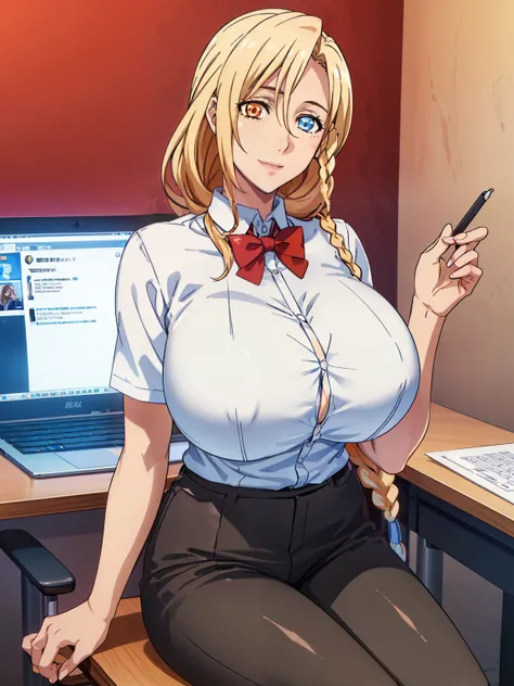 (sitting at office chair), (writing on book), sarielx, god rays, (white office shirt), (red bowtie), black short pants, (office room background), anime cels style, best quality, high resolution, 1girl, (huge breasts:1.2), beautiful face, cowboy shot, heter...