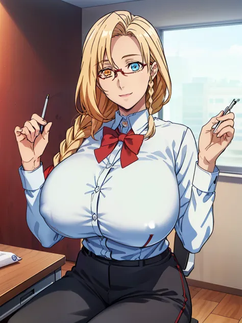 (sitting at office chair), (writing on book), sarielx, god rays, (white office shirt), (red bowtie), black short pants, (office room background), anime cels style, best quality, high resolution, 1girl, (huge breasts:1.2), beautiful face, cowboy shot, heter...