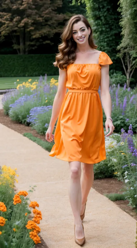 ultra-detailed (realistic, photorealistic) professional, full body shot, Caucasian woman (Anne Hathaway look alike) who is a fitness and health expert standing in a garden, she is smiling and walking towards the camera and has long brown hair blowing in th...