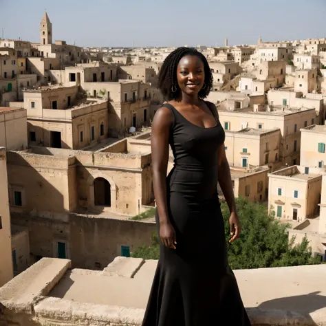 Nigerian Ebony woman with Ruined city of Matera in background