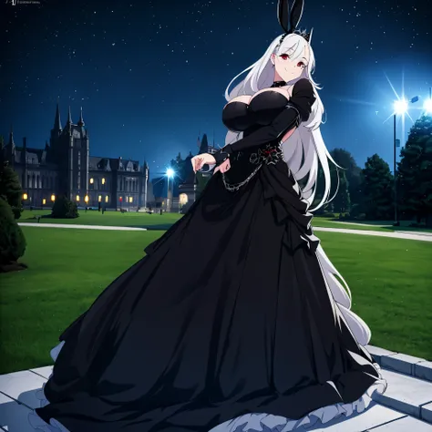 A woman wearing a sophisticated black dress, with an iron cross as a detail on the dress, black bunny tiara, red eyes, long white hair, smiling, big breasts, in a park at night, effect of shining blue lights, background building, stars in the sky, HDR, ult...