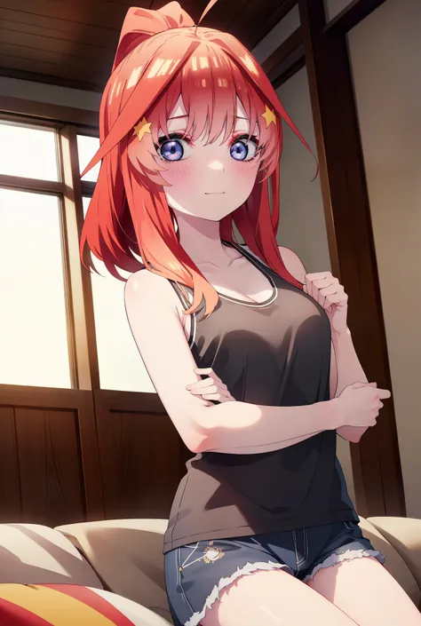 itsukinakano, itsuki nakano, bangs, blue eyes, hair between eyes, ahoge, redhead, ponytail,big breasts,red tank top shirt,sleepy...