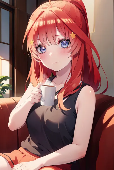 itsukinakano, itsuki nakano, bangs, blue eyes, hair between eyes, ahoge, redhead, ponytail,big breasts,red tank top shirt,sleepy...