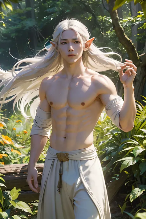 A half-naked, white-haired elf, with ethereal beauty, gracefully controlling the wind around him. His toned, tanned body was adorned with intricate tattoos, glistening in the sunlight that filtered through the dense canopy of trees above. His long, flowing...