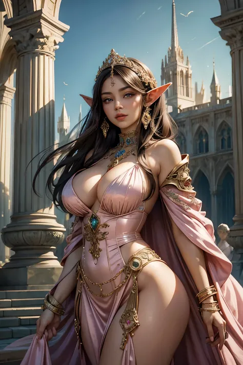 Masterpiece, digital artwork of a gorgeous, beautiful brunette elf woman with mature grace, adorned in a pink satin dress that clung to her curves, accentuating her voluptuous figure. Her waist was encircled with intricately designed waist chains, adding a...