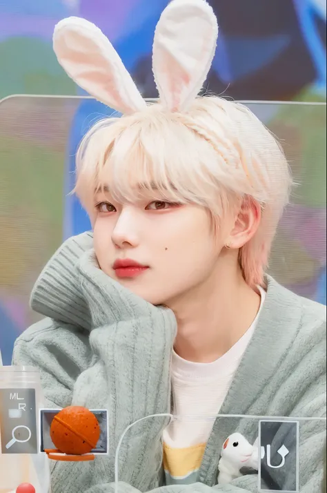 blurred photo of a person with bunny ears and sweater, kim doyoung, jimin, jimin\the full lips, jimin\the right eyelid is swolle...