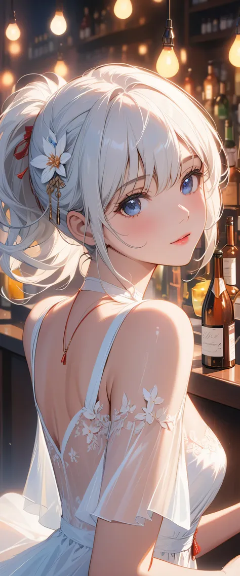 masterpiece, top quality, Super details, 8K, Detail lights, Detailed shadows, raw, (delicate skin), (real: 1.2),, 1 girl, white hair, White sexy transparent dress,bar，Eye close-up