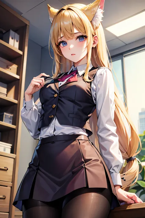 lease, blonde、long hair、office lady clothes、pantyhose、photo from below、medium chest、bootini skirt、blouse、vest