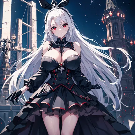 A woman wearing a sophisticated black dress, with an iron cross as a detail on the dress, black bunny tiara, red eyes, long white hair, smiling, big breasts, in a park at night, effect of shining blue lights, background building, stars in the sky, HDR, ult...