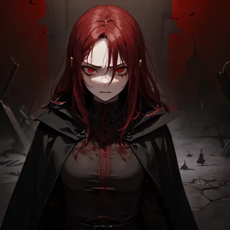 (best quality,highres,masterpiece:1.2),ultra-detailed,realistic:black cape and coat,vivid red eyes,long flowing red hair,beautiful detailed lips,extremely detailed face,killer expressions,bloody face,bloody clothes,horrifying,16-year-old girl,assassin,grue...