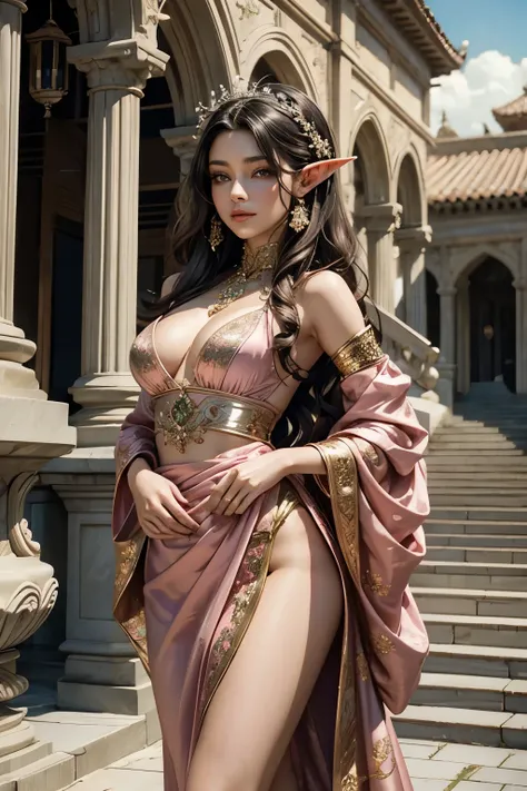 Masterpiece, digital artwork of a gorgeous, beautiful brunette elf woman, gracefully adorned in a pink satin dress that cascades around her, adorned with intricate waist chains, an embodiment of curvy beauty. Nestled within an exquisitely marble palatial c...