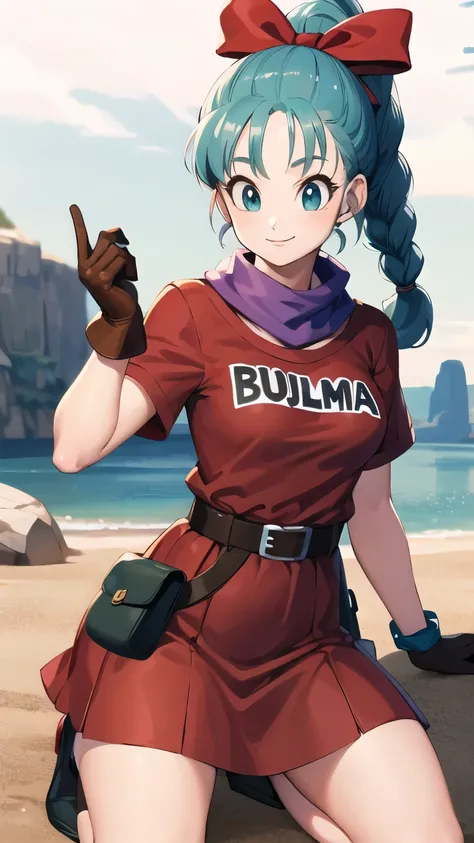 masterpiece, best quality, highres, dragon ball, blmpony, aqua hair, hair ribbon, braided ponytail, red shirt, belt, scarf, red skirt, clothes writing, brown gloves, medium breasts, wariza,look at viewer,smile