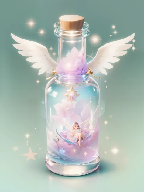 1 magic bottle、A little beautiful angel in a bottle、aura、Sparkling、pink、Transparent colorful background