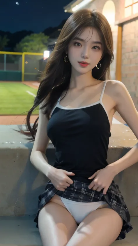 17 year old cool Korean, big round breasts, split, Goddess of swimsuits, baseball team swimsuit, skirt, beautiful eye details, eyelash, beautiful double eyelids, eye shadow, narrow eyes, perfect eye makeup, seductive smile, beautiful thin legs, 飘逸的long hai...