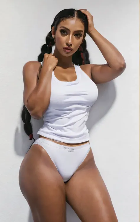 ((masterpiece, best quality)), ((30 year old)), (((Curvy))), ((Latina with long black pigtails)), ((white cotton panties)), (white Tanktop), standing in front of a white background, (((photo realistic))), ((90s film, 90s movie scene, 90s TV Style))