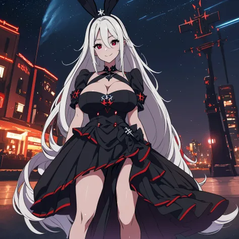 A woman wearing a sophisticated black dress, with an iron cross as a detail on the dress, black bunny tiara, red eyes, long white hair, smiling, big breasts, in a park at night, effect of shining blue lights, background building, stars in the sky, HDR, ult...