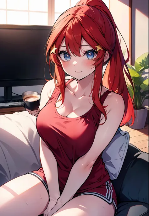 itsukinakano, itsuki nakano, bangs, blue eyes, hair between eyes, ahoge, redhead, ponytail,big breasts,red tank top shirt,sleepy...