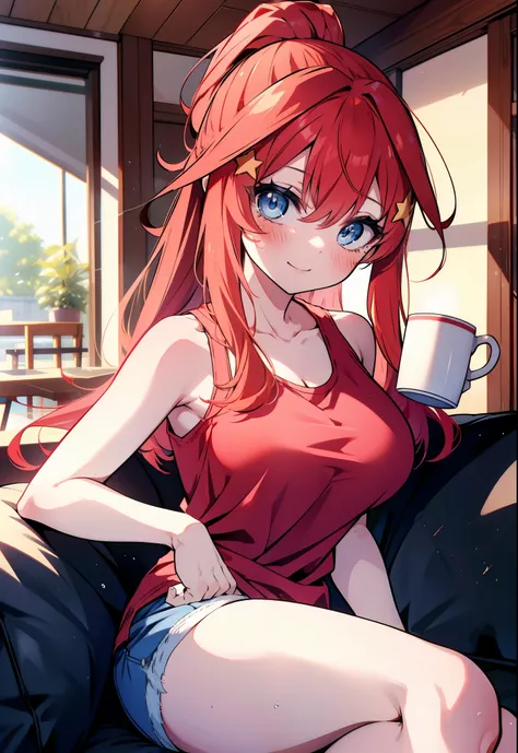 itsukinakano, itsuki nakano, bangs, blue eyes, hair between eyes, ahoge, redhead, ponytail,big breasts,red tank top shirt,sleepy...