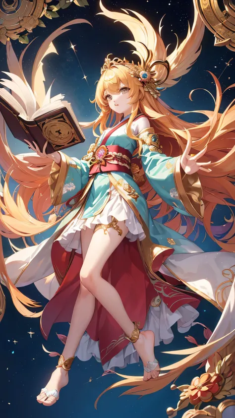 Peacock Ming King、cute girl、personification、(golden hair)、medium long hair、fluffy hair、golden eyes、cute girl、A flashy kimono in white, gold, red and blue、(full body shot)、(facing forward)、((Because the arms４Book、foot２Book))、