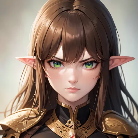 (best quality,4k,highres:1.2),ultra-detailed,realistic:1.37,portrait,elven woman,pale skin,brown hair,green eyes,long ears,angry,black short clothes,magical black broadsword,red eye on blade,dark fantasy,sharp focus,studio lighting,vivid colors