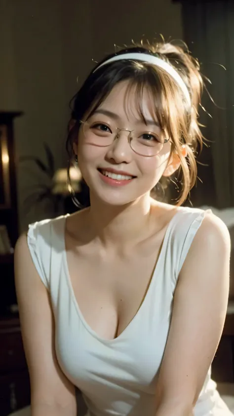 (cinematic angle: 1.2), (1 girl, night gown dress),(best quality, detailed details, masterpiece, official art, movie lighting effects, 4K), short ponytail, white hairband, big breast, in bedroom, rimless glasses, moa kikuchi, (looking at viewer, smile), 