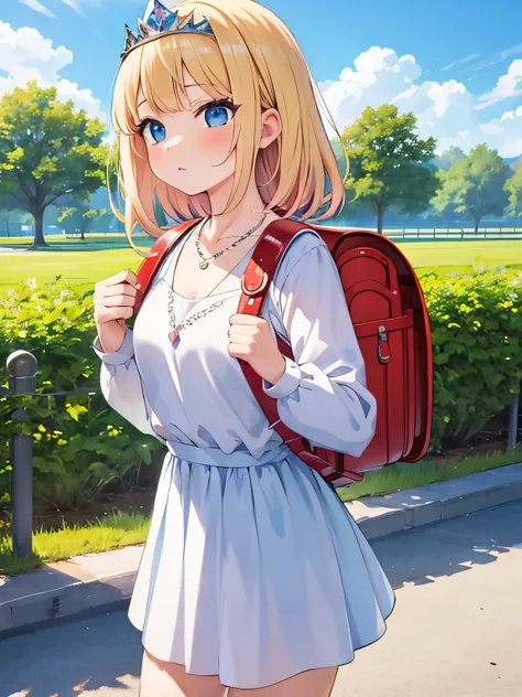 Masterpiece, hd, realistic, 1girl, blonde hair, medium hair, standing, wear princess costumes, wear tiara, diamond necklaces, outdoor, carries randoseru backpack, (randoseru backpack:1.1)