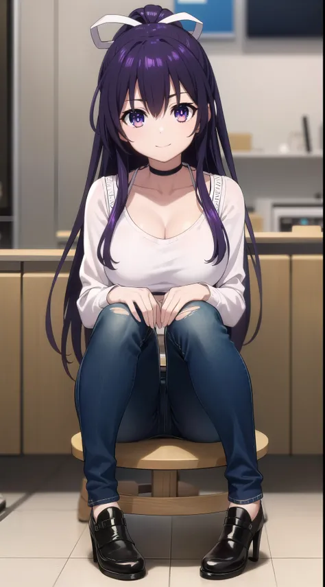 tohkayatogami, tohka yatogami casual, long hair, purple hair, alluringly smile, sweater crop top, white top, long sleeves, v neck, fabric choker, jeans , torn jeans, tight jeans (purple eyes:1.1), hair ribbon, ponytail, purple hair, white ribbon,g cup brea...