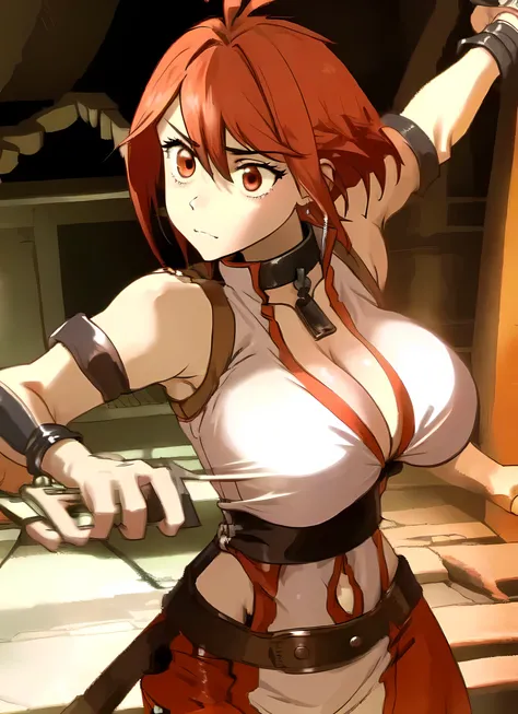 1girl, [vesta_harem], BREAK (dual_wielding:1.2) AND (huge_sword:1.2) AND holding_sword, [red eyes], [red_hair : red hair : 38], [[[large breasts]] : BREAK (large breasts) : 36], (white_dress), sleeveless, cleavage, navel, [[[short_dress]]], side_slit, red_...