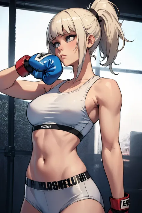 One girl, frown, serious face, platinum_blonde, bangs, ponytail, white_shirt_sleeveless, belly button, retrato, boxing gloves