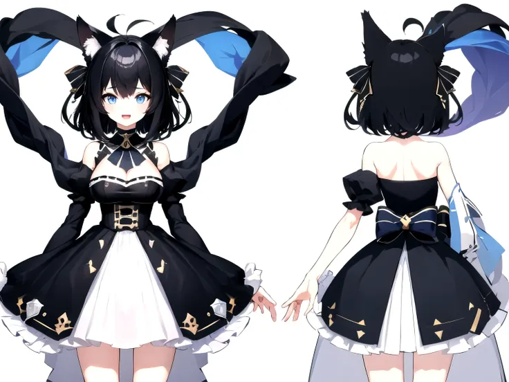 ((upright)), ((arm to the side)), looking at the viewer, simple background、white background, 1 girl, open your mouth, smile, Virtual YouTuber、with a girl、((highest quality, expensive_solve, clear_image)),(black hair), (black cat ears), (Ahoge), (ridiculous...