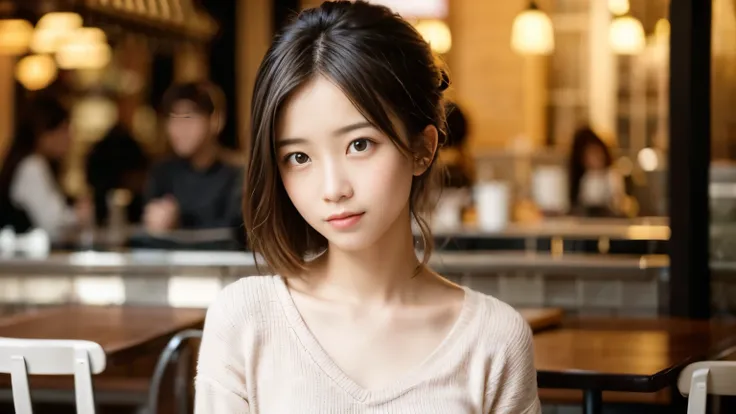 masterpiece, best quality, 8k, disorganized person, (Upper body:1.4), stylish cafe,tight knit, beautiful girl, pretty face, looking at the viewer, smile, super realistic, high resolution, picture, sharp focus, HDR, face light, dynamic lighting, movie light...