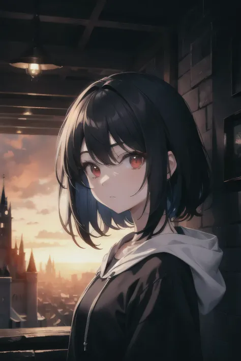 best quality, masterpiece, black hair, red eyes, looking at me, upper body, ower sized hoodie, landscape, cinematic, lighting, Castle rare 