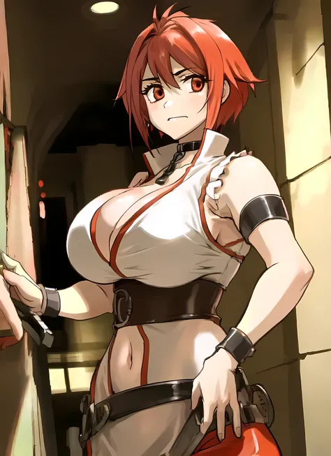 1girl, [[vesta_harem]], BREAK (dual_wielding:1.2) AND (huge_sword:1.2) AND holding_sword, [red eyes], [red_hair : red hair : 38], [[[large breasts]] : BREAK (large breasts) : 36], (white_dress), sleeveless, cleavage, navel, [[[short_dress]]], side_slit, re...