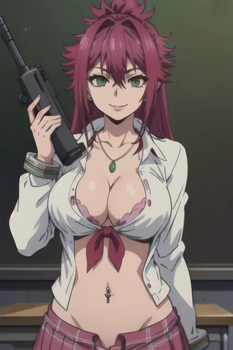 Rin, smile, large breast, masterpiece, best quality, ((unbuttoned , cleavage, necklace, earrings, sexy body,
breasts)) , micro skirt, smiling, navel , exposed belly, exposed navel,(nsfw) not safe for work,school,
classroom , holding a gun, hold a gun,navel...