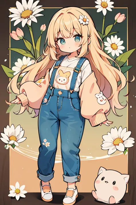 1 cute girl, apricot colored hair, one-of-a-kind, styled in voluminous curls that cascade down her back like a waterfall of peach blossoms, and peach eyes, wears a cozy oversized sweater in a soft peach hue, adorned with adorable cartoon characters and fun...