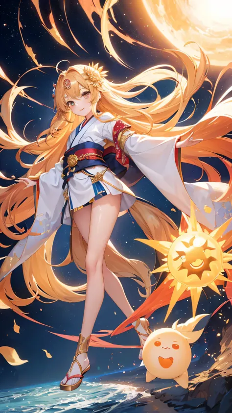 The big day is coming、cute girl、personification、(golden hair)、medium long hair、fluffy hair、golden eyes、cute girl、A flashy kimono in white, gold, red and blue、(full body shot)、(facing forward)、chakra on forehead、sun on the back、Sun-shaped belt on waist、