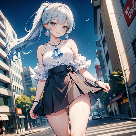 (Vulgar,nsfw),(skirt lift,very windy),(beautiful elegant white panties),very low angle,from below),((masterpiece, highest resolution,best quality)), (beautiful illustration), ((Kamisato Ayaka in Genshin Impact)), ((semi long beautiful silver blue hair,blun...