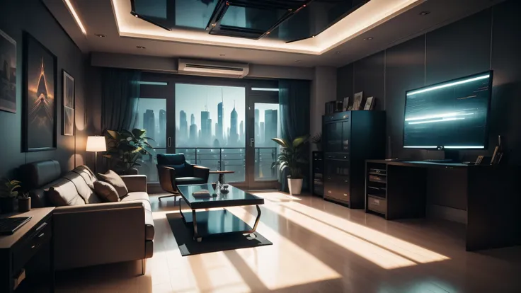 In a retro-futuristic apartment, a computer desk with a sleek monitor and a comfortable chair is positioned in front of a window. The room itself is adorned with a futuristic decor, showcasing a captivating blend of technology and artistic design. The stun...