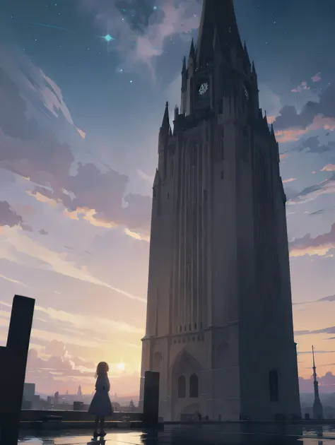 Girl looking up Scene 1: Twilight tower shadow The girl stands quietly against the sky, which is dyed an azure colour. Towering up in front of her is a huge structure called the Tower of Babel. Its form, which seems to pierce through the clouds, seems as i...