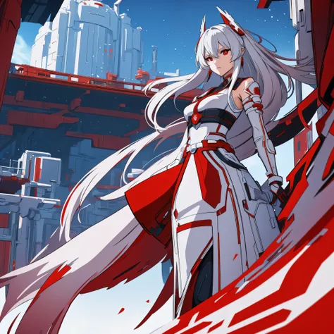 a woman in red samurai clothing, silver hair, red eyes, on a white futuristic platform, sky with stars, various background struc...