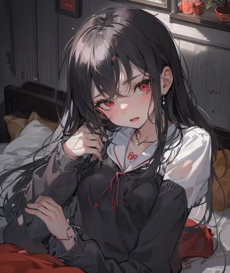 Monochrome Tone, perfect anatomy, masterpiece:1.4, best quality, 8k,
(solo straight black hair long hair femdom cute girl, 18 yo, angry:1.3 red eyes, rozy mouth, open mouth, Flat chest, looking own cheat), in a chest Loose pajamas, in the queen bedroom. 