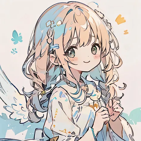 transparent watercolor、girl、jewel eyes、beautiful arrangements and motifs、written boundary depth、flat avatar, 1girl, smile, light pink hair((left and right braids、,short twin tails,wavy hair)), hair with white tips, Fashionable design clothes((blue and whit...